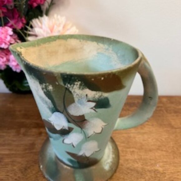 Vintage Hand Painted Pottery Pitcher England Lily of the Valley Green Brown 1950 - Picture 2 of 8